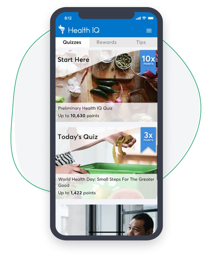 Phone with screenshot showing Health IQ Quiz