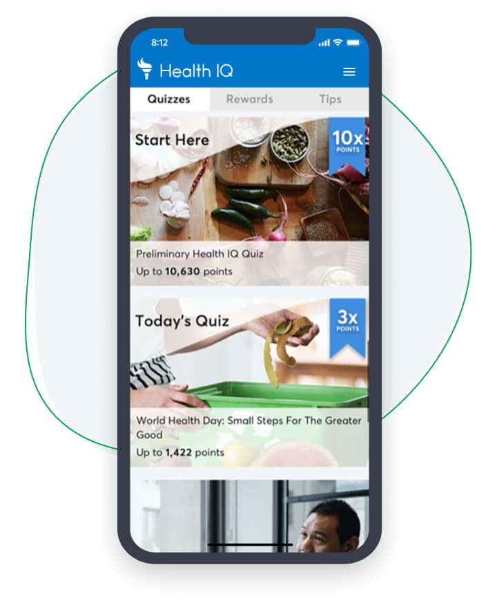 Phone with screenshot showing Health IQ Quiz
